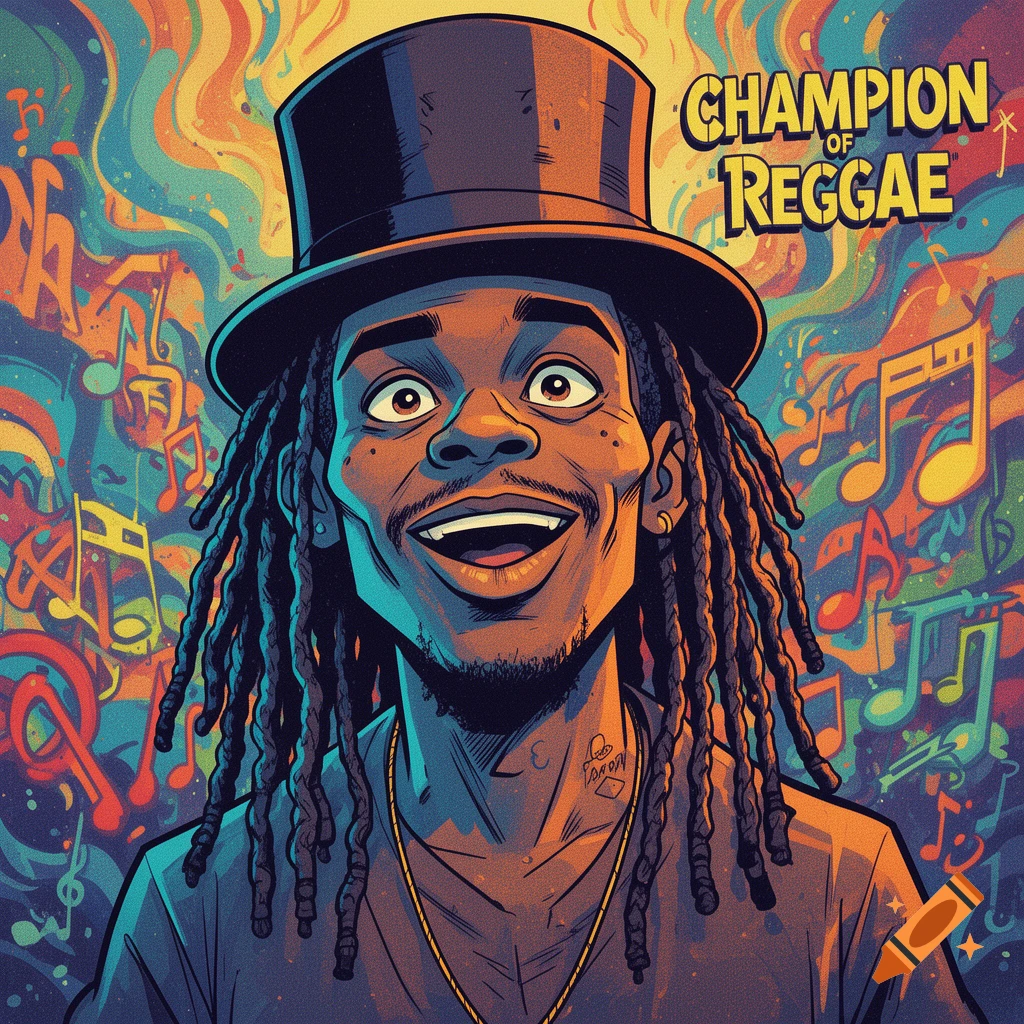 Colorful illustration of a smiling man with dreadlocks and a top hat in a Gorillaz-like style, with 'CHAMPION OF REGGAE' text.