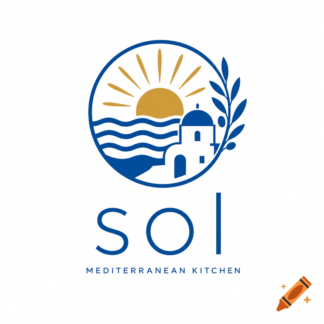 Blue and gold circular logo for Sol Mediterranean Kitchen, featuring a sun, waves, a white building, and an olive branch.
