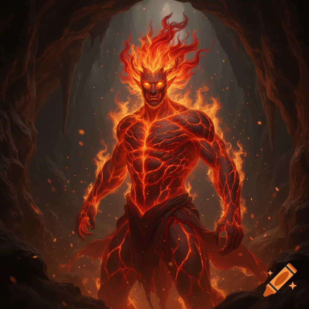 A muscular, fiery Ifrit creature with glowing eyes and horns stands in a dark, rocky cave, surrounded by flames and embers.