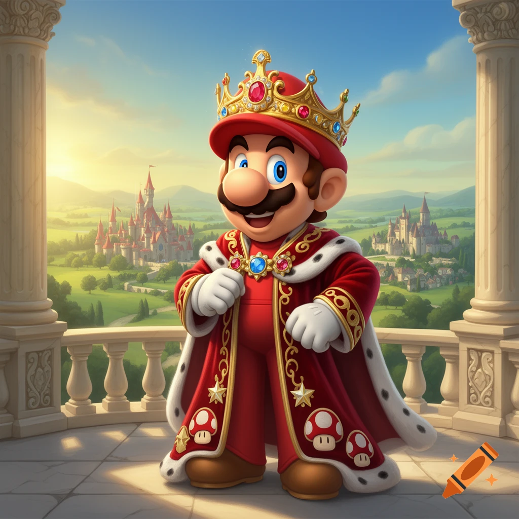 King Mario in a red royal robe and jeweled crown stands on a balcony, overlooking a vibrant kingdom with multiple castles under a sunny sky.