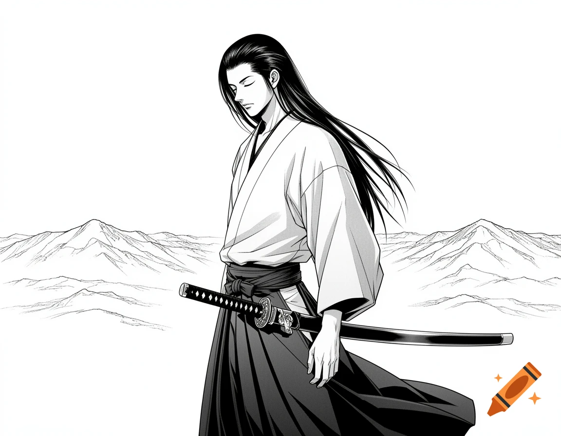 Manga-style black and white illustration of a calm samurai with long black hair and closed eyes, holding a katana, against a mountain landscape.