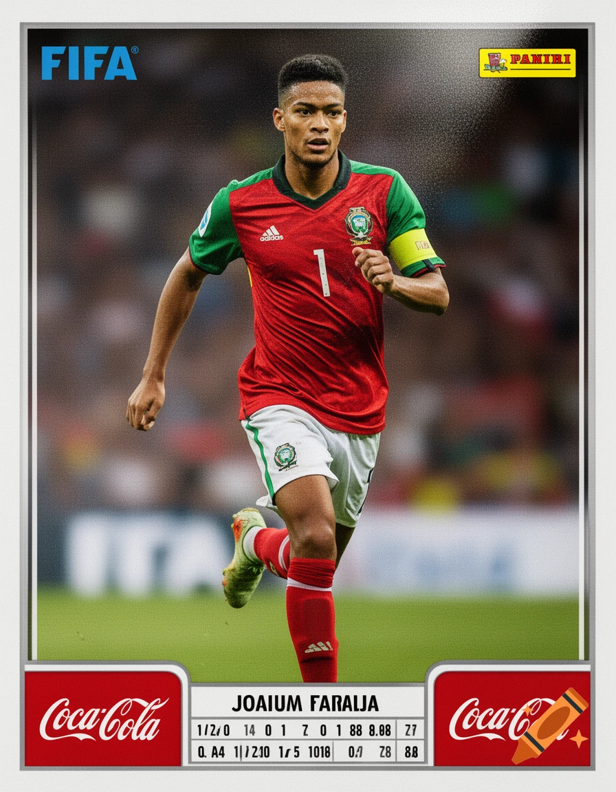A male soccer player in a red and green uniform runs on a green field, depicted on a FIFA Panini trading card with Coca-Cola branding.