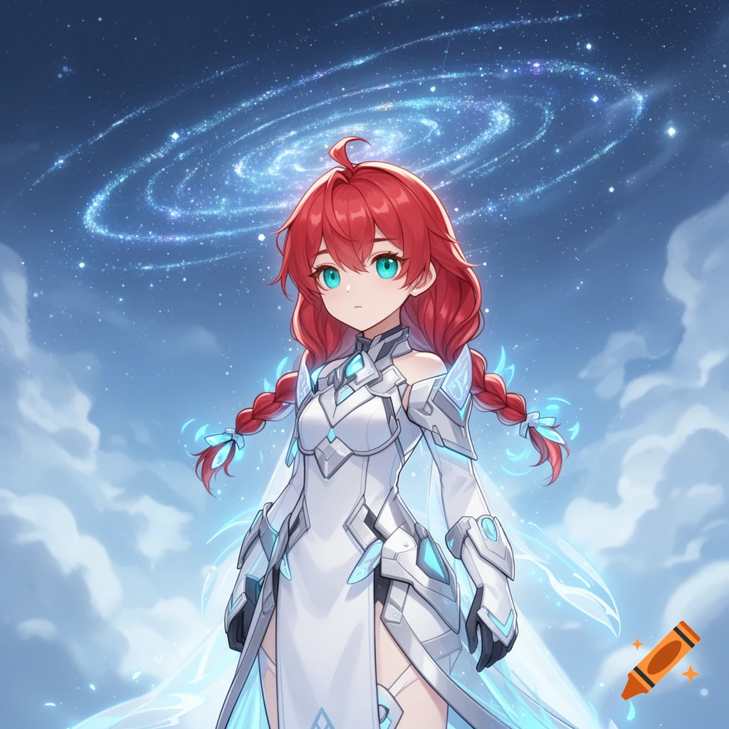 Anime girl with red braided hair and blue eyes, wearing white futuristic armor, stands under a swirling starry galaxy sky.
