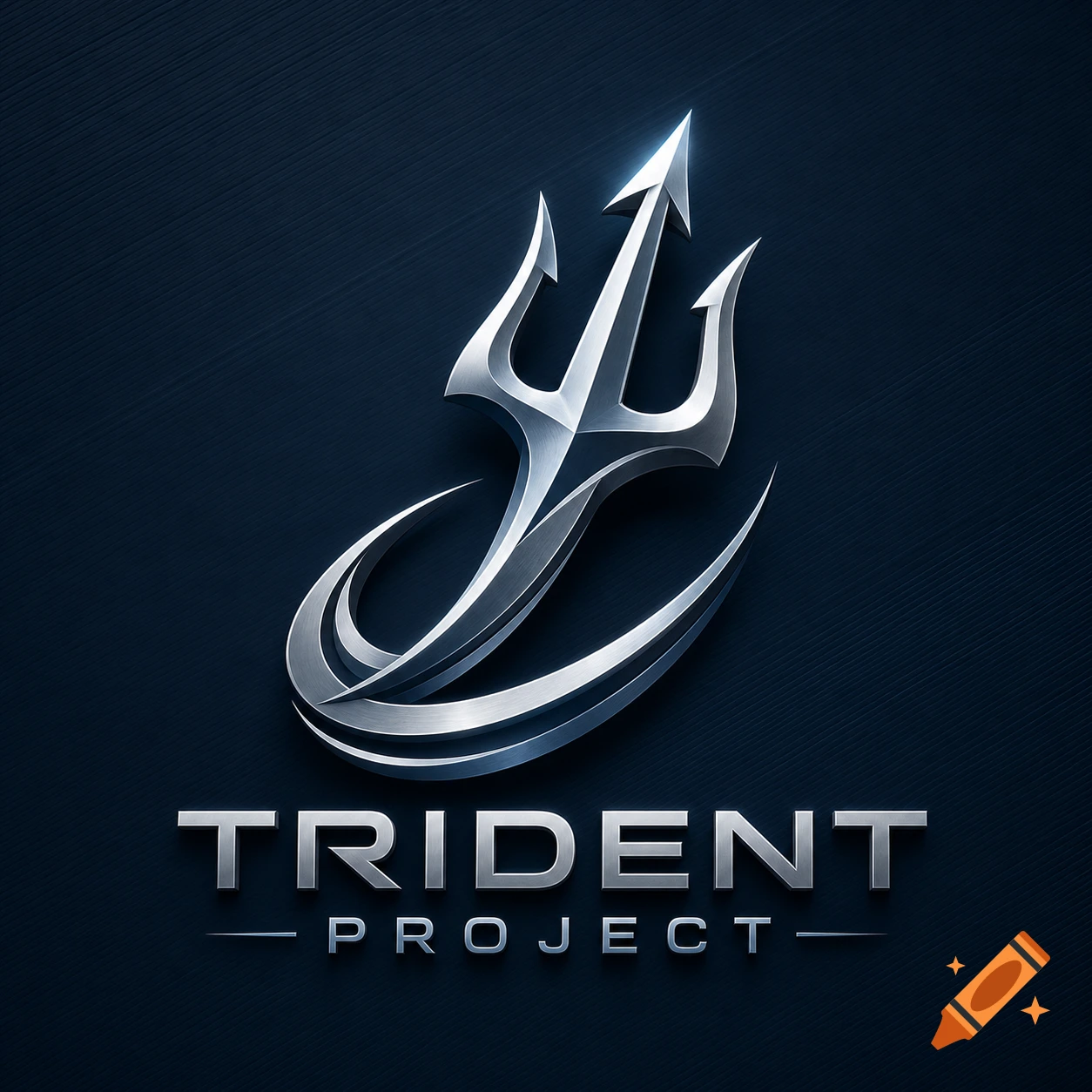 A metallic 3D logo featuring a stylized trident with two curved swooshes, above the words "TRIDENT PROJECT" in metallic 3D letters, on a dark blue textured background.