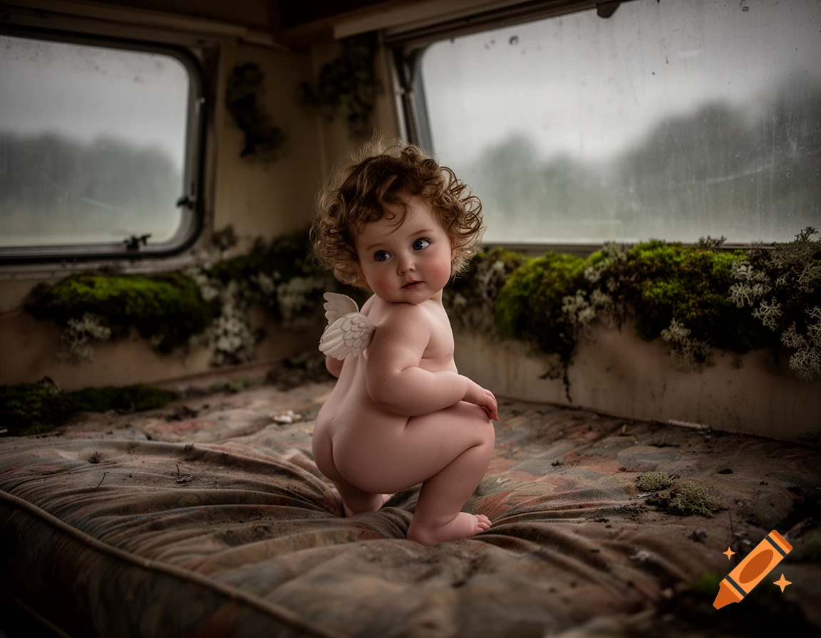 A nude, curly-haired baby cherub with small wings squats on a dirty mattress inside a ruined camper with moss growing on the walls, looking over its shoulder.