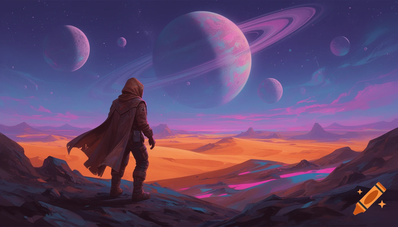 A cloaked hero stands on an alien world, gazing at a vibrant sky with a ringed planet and moons, in an 80s sci-fi illustration style.