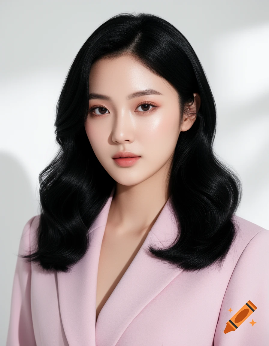 Photorealistic portrait of a young woman with long black hair, wearing a light pink blazer, against a white background.