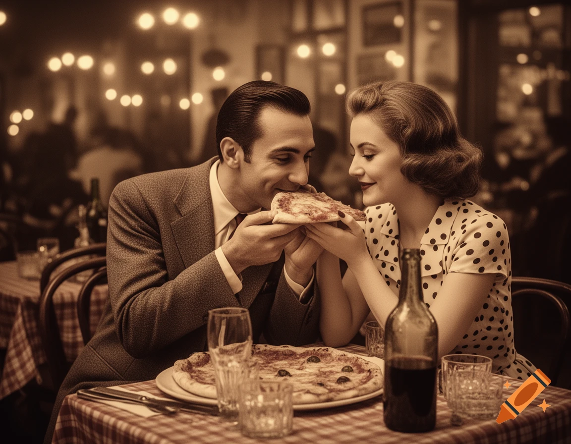 A vintage sepia-toned photo of a smiling Italian couple from the 1960s romantically sharing a slice of pizza at a restaurant.