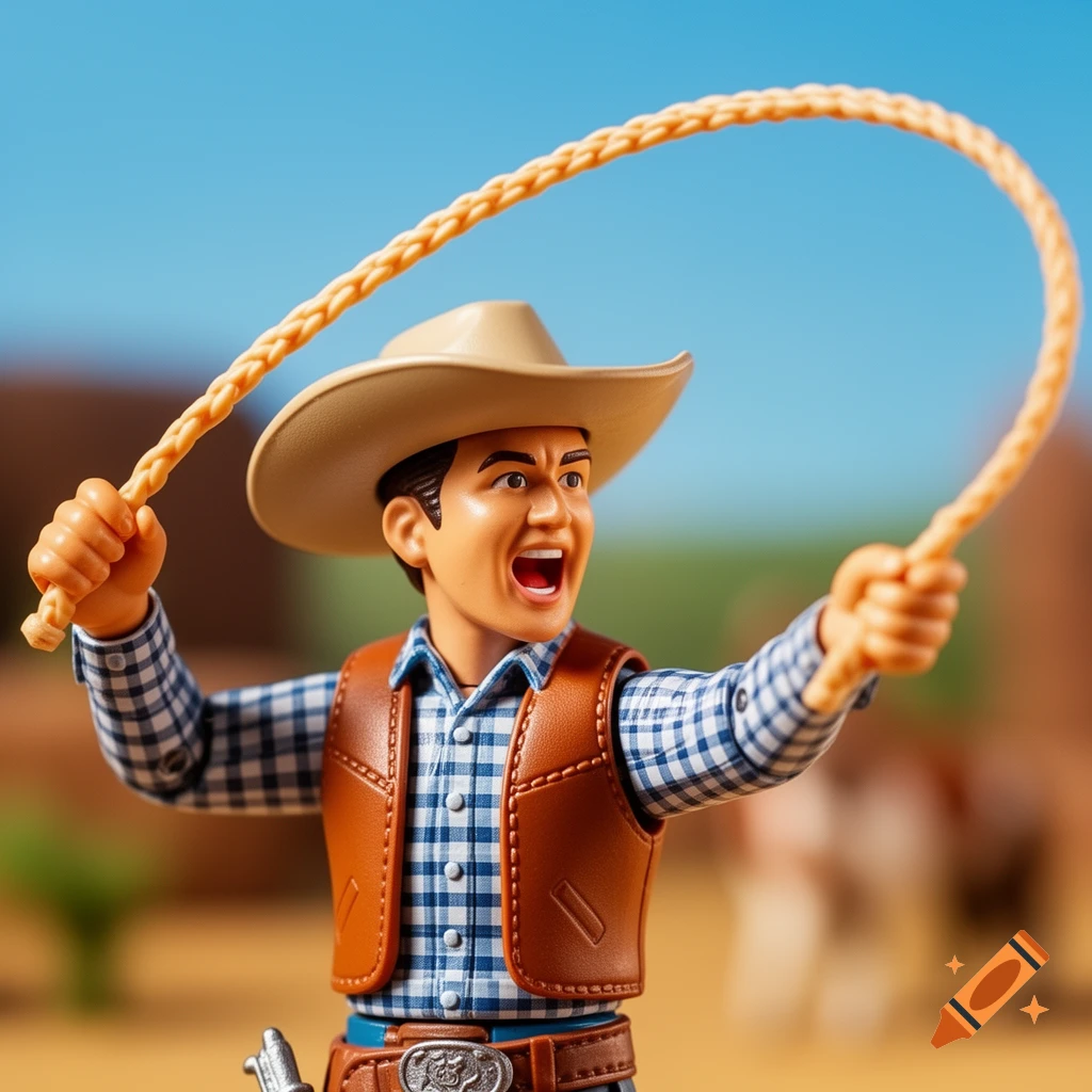 Close-up of a cowboy action figure in a plaid shirt and brown vest, holding a lasso against a blue sky background.
