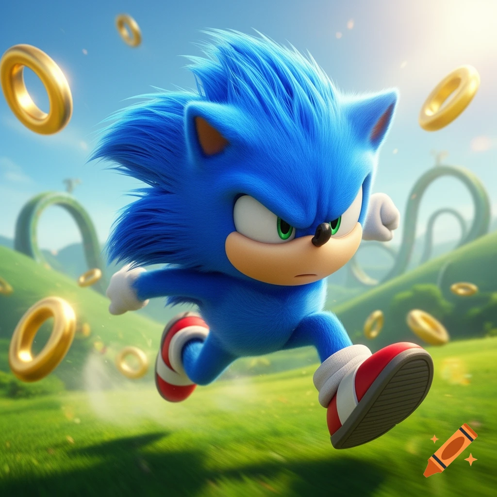 A blue, furry Sonic the Hedgehog runs swiftly through a vibrant green landscape with golden rings floating around him, under a bright blue sky.