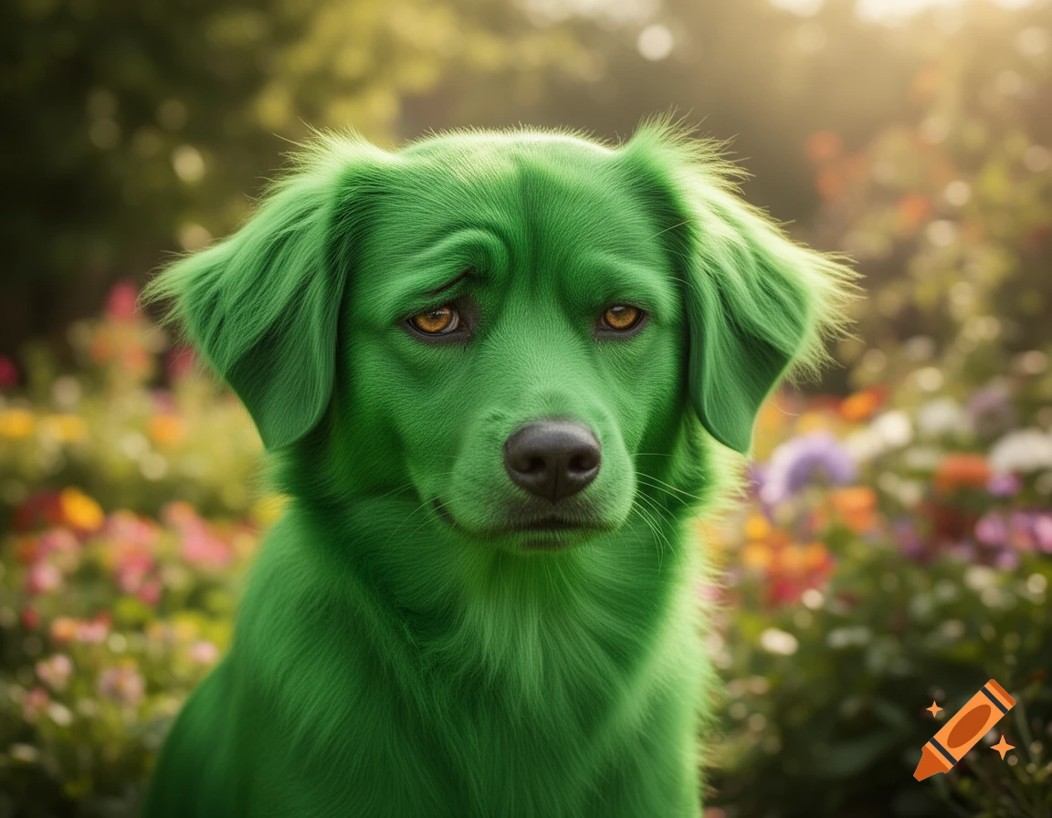 A green dog with a suspicious expression sitting in a vibrant garden, looking directly at the viewer.