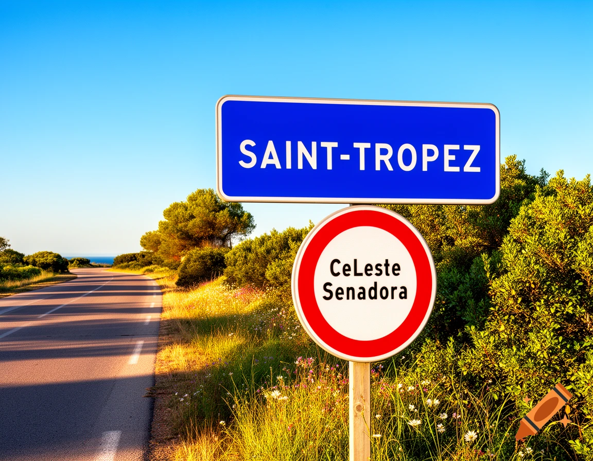 Photorealistic image of a blue road sign displaying "SAINT-TROPEZ" above a red and white circular sign with "CeLeste Senadora" by a sunny road lined with trees and wildflowers leading to the sea.