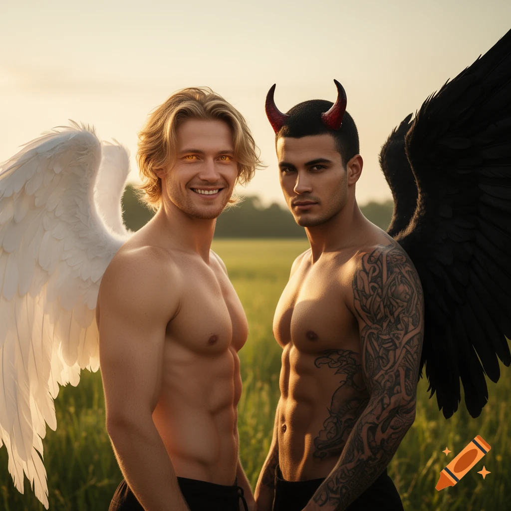 A smiling man with white angel wings and golden eyes stands next to a serious man with red horns and black wings in a field at sunset.