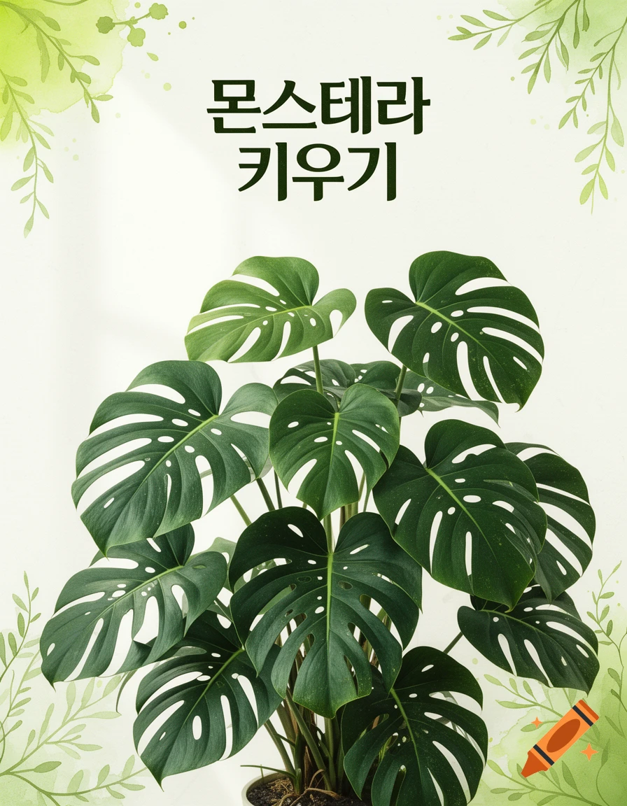 A vibrant Monstera deliciosa plant with large fenestrated leaves in a pot, against a white background with watercolor leaf accents and Korean text.