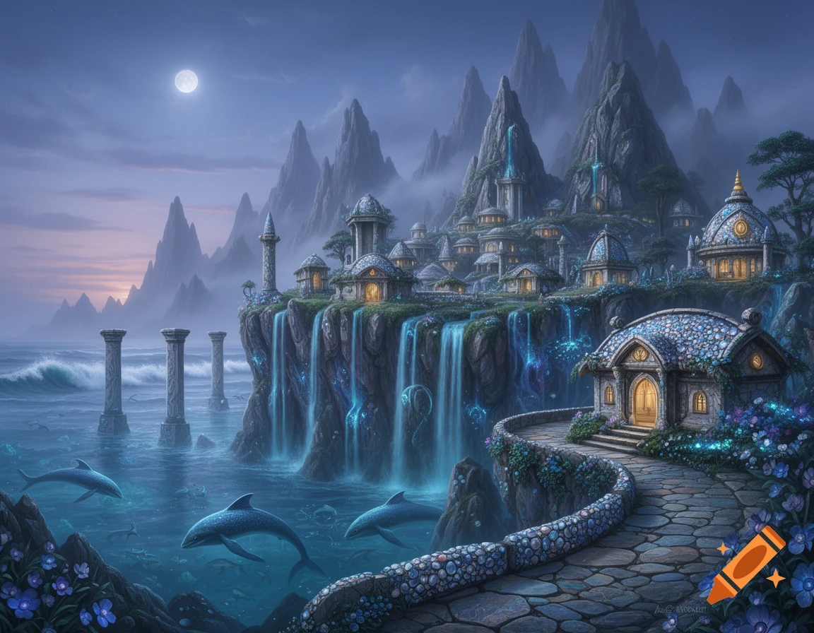 A magical fantasy village built into mountains overlooking an ocean, with glowing waterfalls and dolphins under a full moon.