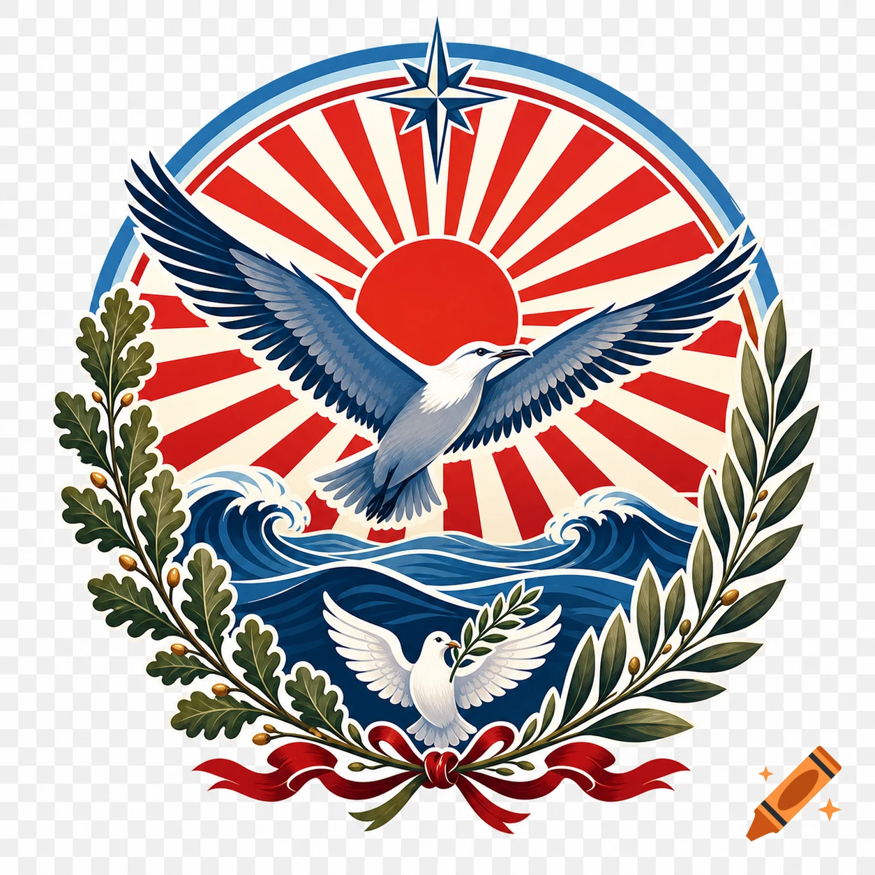 A colorful logo features a large seagull flying over blue waves, a red sun with rays, and a wreath of oak and olive branches. A white dove with an olive branch sits below, and a blue and red star is at the top.