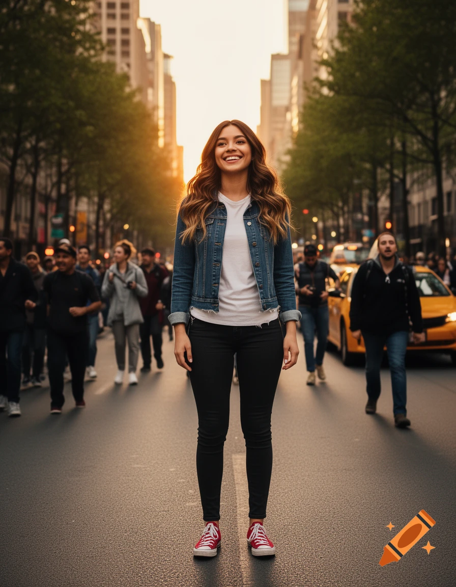 A smiling woman in a denim jacket stands in a busy city street at sunset, with tall buildings and people in the background.