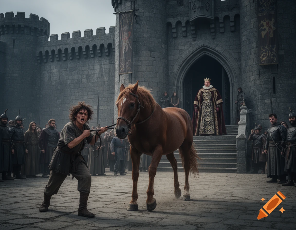 A young, angry man struggles to pull a stubborn brown horse in a castle courtyard, while a regal king watches from stone steps. Photorealistic.