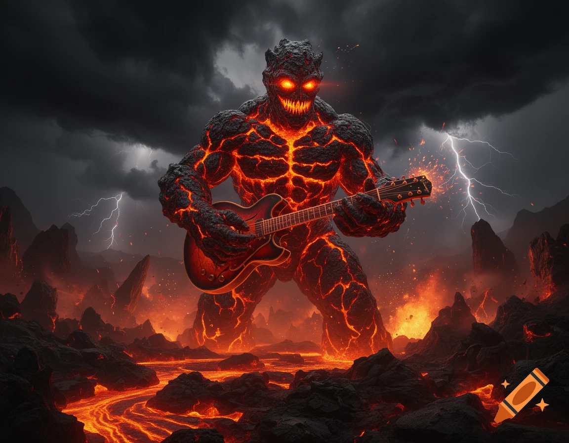 A giant, fiery lava monster with glowing eyes playing an electric guitar in a stormy, volcanic landscape with lightning.
