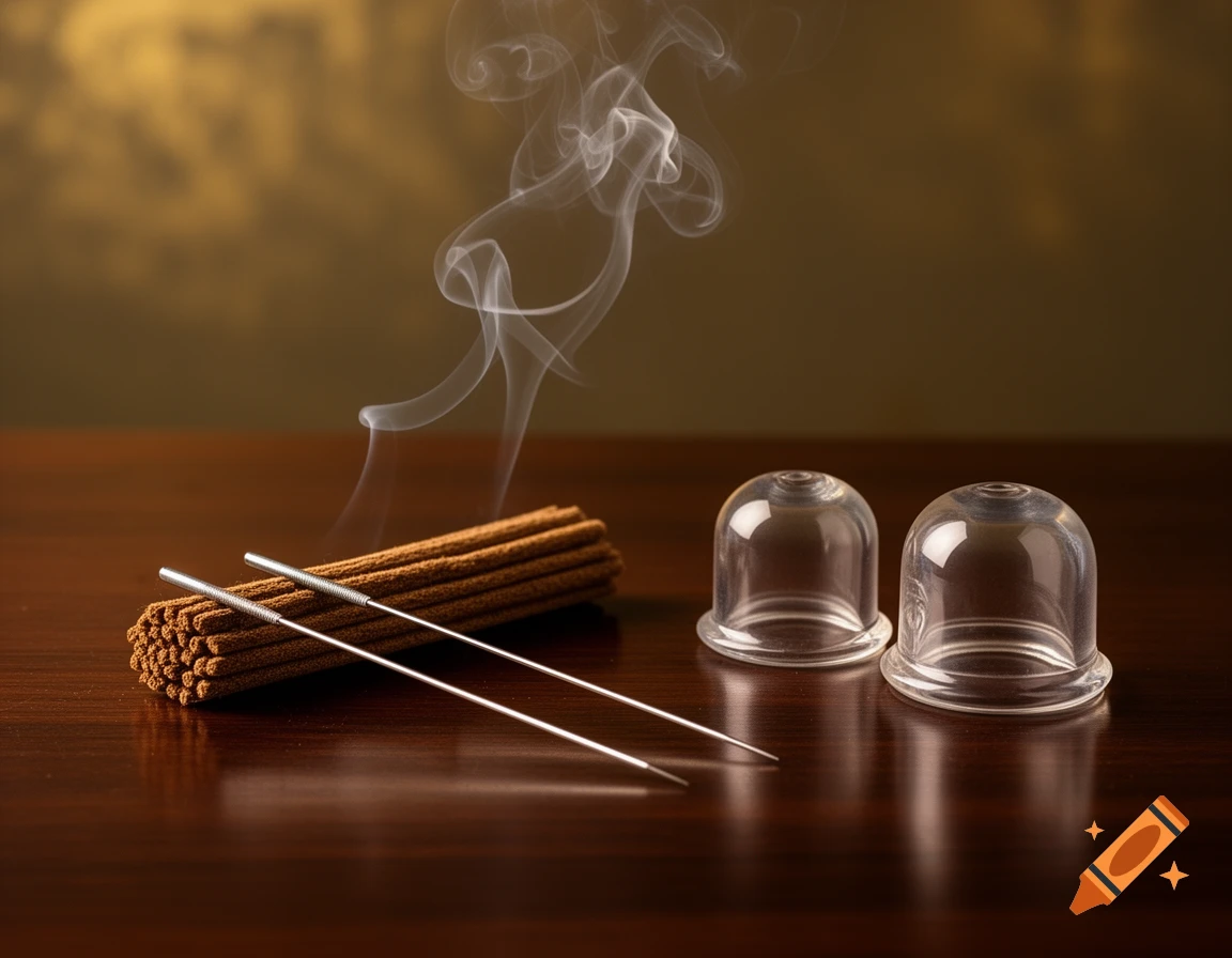 Acupuncture needles, a smoking moxa stick bundle, and two clear cupping cups on a dark wooden table.