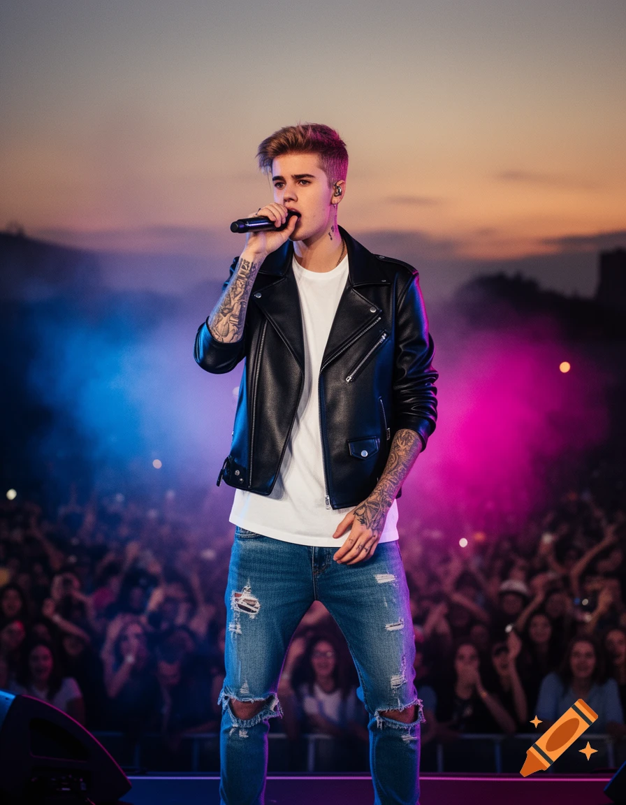 A male singer, resembling Justin Bieber, performs on stage at a concert during sunset, with a crowd visible in the background.