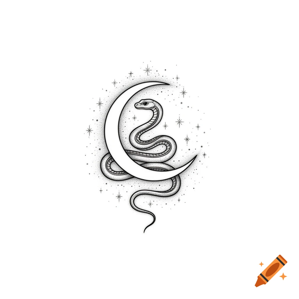 Minimalist black fineline tattoo flash of a slender snake winding around a crescent moon, surrounded by delicate dotwork and tiny stars on a white background.