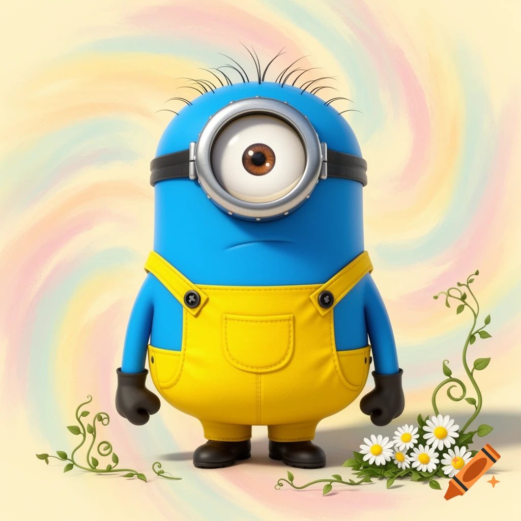 A cute blue minion character with one eye, wearing yellow overalls, stands against a pastel swirly background with daisies and vines.