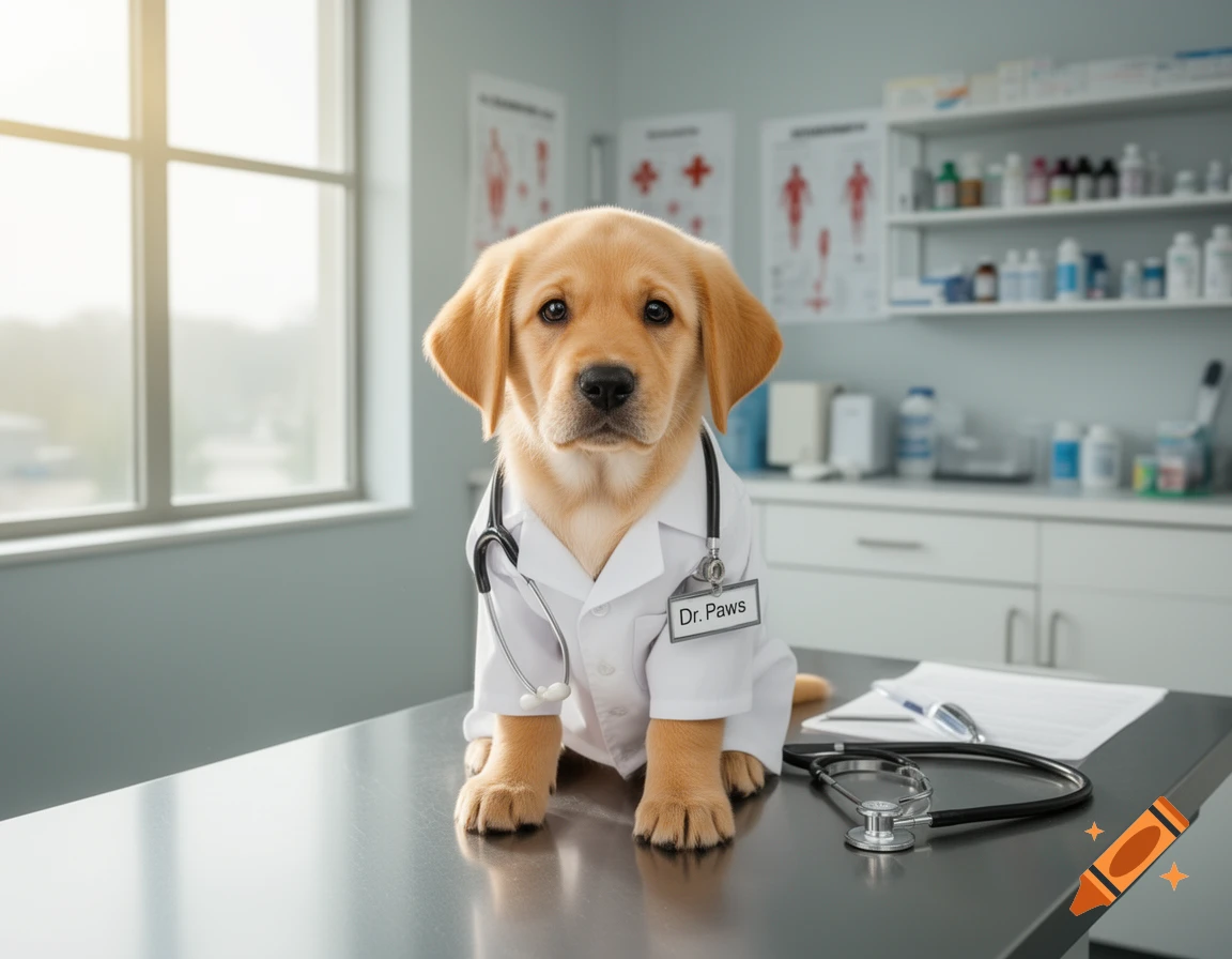 Photorealistic golden labrador puppy dressed in a lab coat and stethoscope, sitting on an examination table in a bright vet's office.