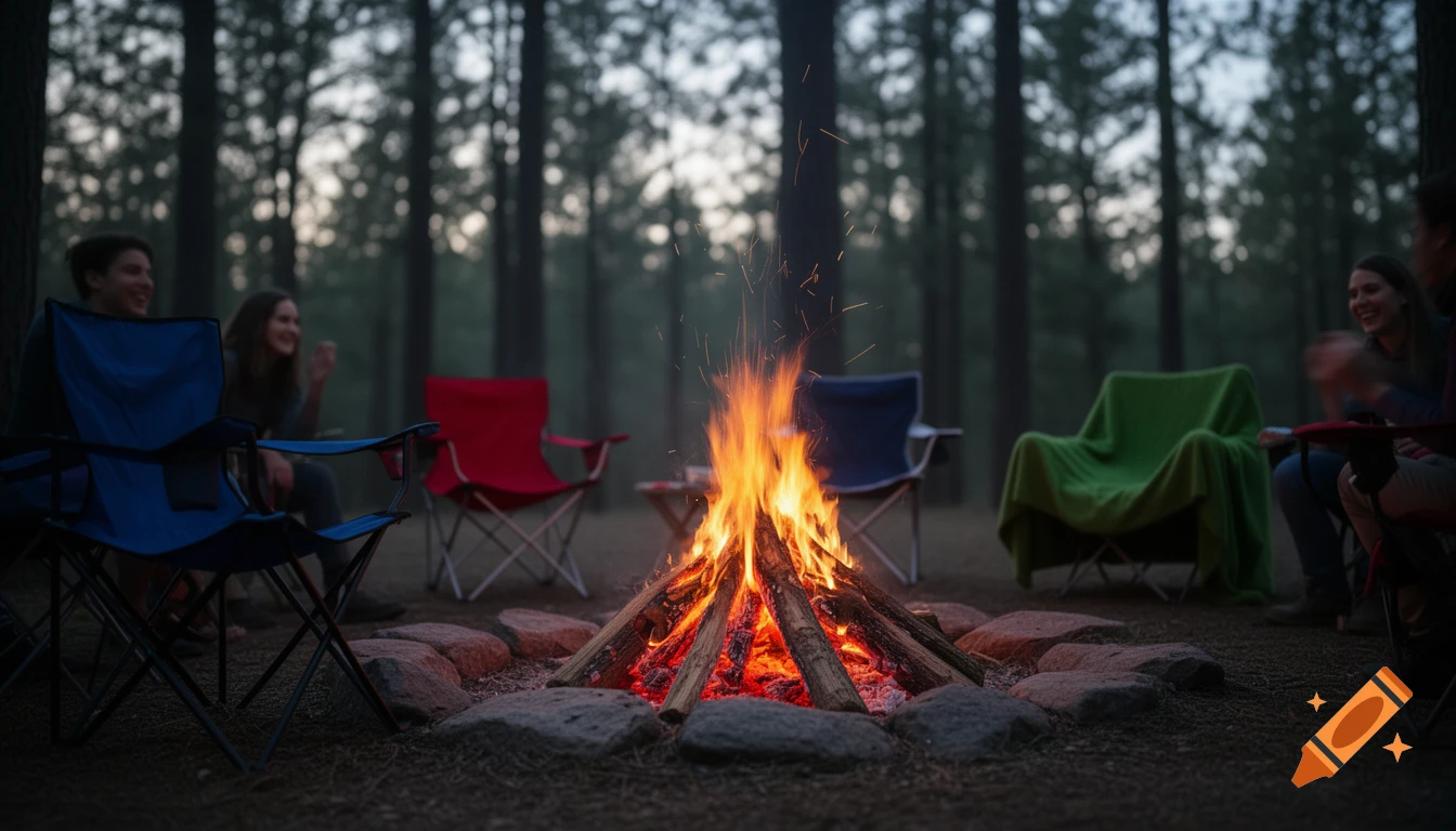 A group of friends sits around a crackling campfire in a forest at dusk, surrounded by colorful camping chairs.