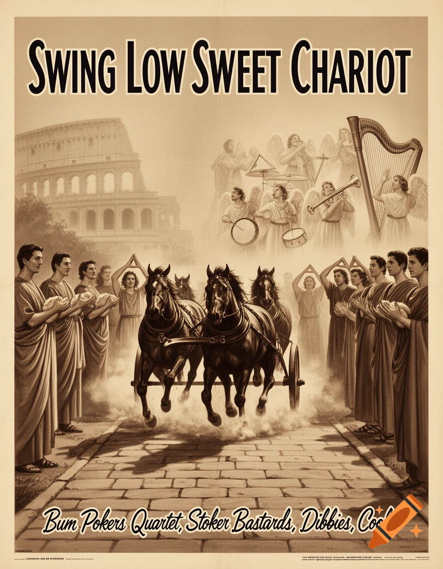 A sepia-toned movie poster depicts a Roman chariot race with horses kicking up dust, angels playing instruments, and robed figures on a paved road, with the Colosseum in the background.