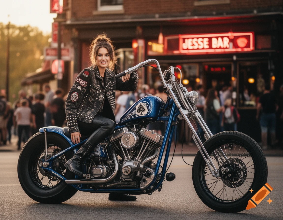 A woman in a studded leather jacket and pants smiles on a blue custom chopper motorcycle on a city street at golden hour, photorealistic.