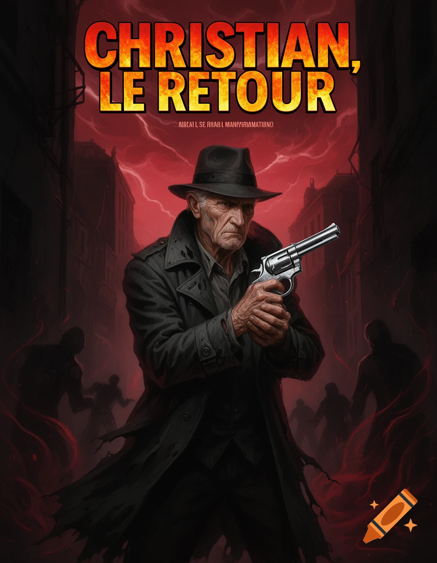A stylized movie poster featuring an old man in a trench coat and fedora holding a revolver, with shadowy figures and a red, stormy sky in the background.