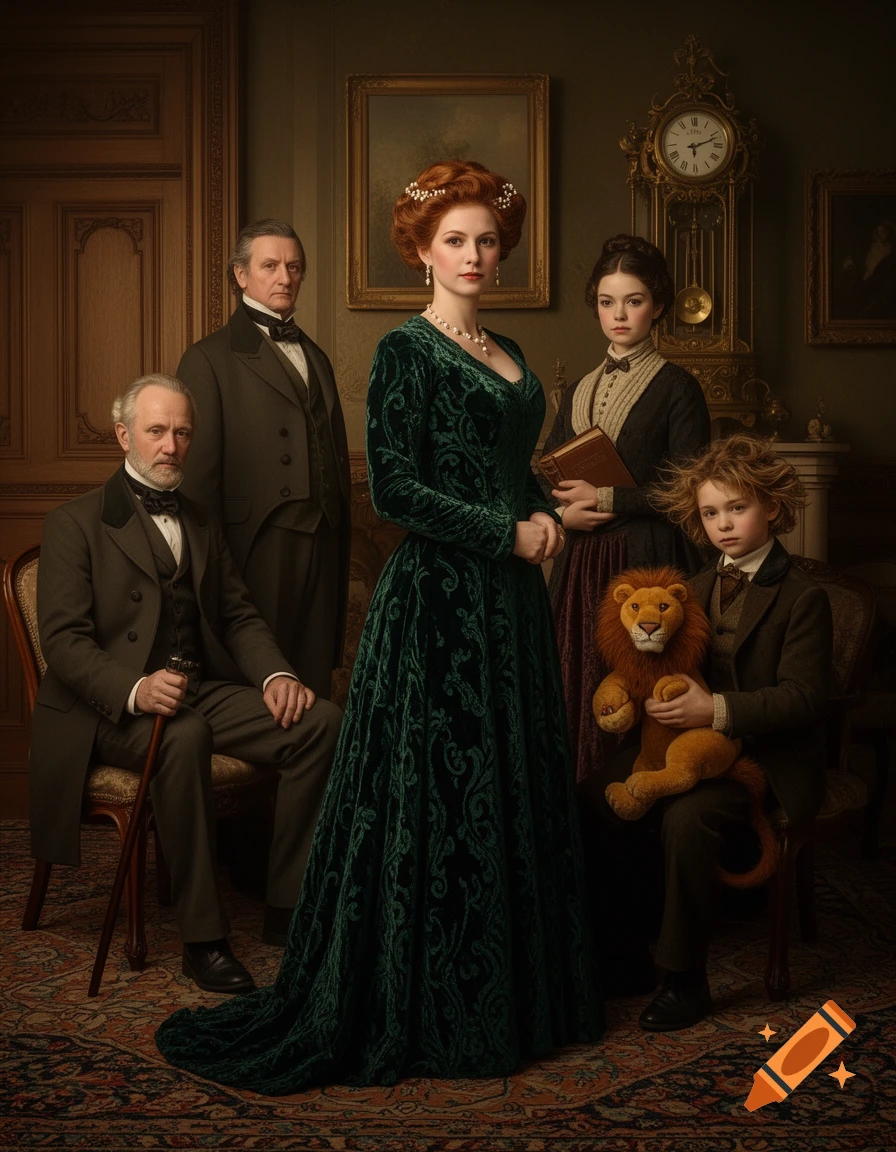 A Victorian-era family portrait featuring a woman in a green velvet dress, two men in suits, a girl holding a book, and a boy holding a lion plush toy.
