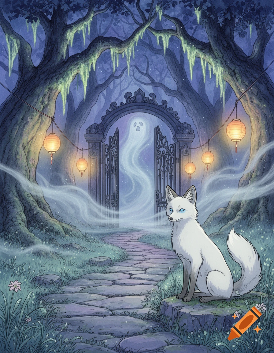 A white fox sits on a rock in a mystical, misty forest with glowing lanterns and mossy trees, a ghost hovers over an ornate gate.