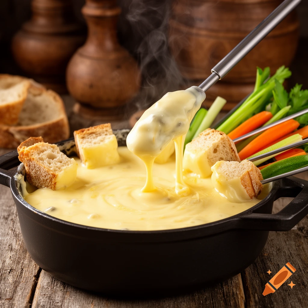 Photorealistic image of a fondue pot filled with melted cheese, with bread and vegetables being dipped on forks.