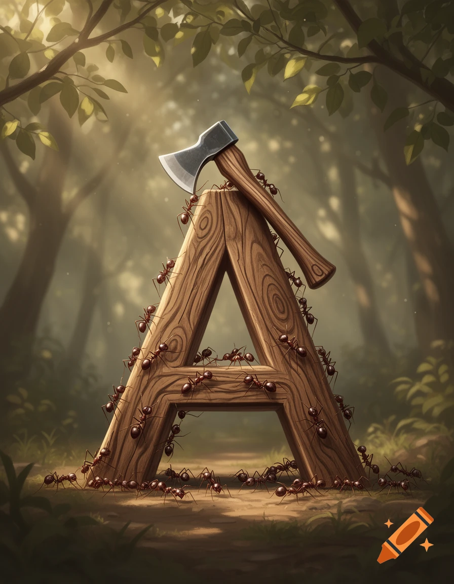 Illustrative image of a large wooden letter A covered in ants, with an axe resting on top, in a sunlit forest.