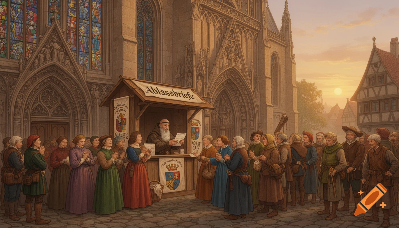 Historical illustration of a monk selling indulgences in front of a Gothic church in 1517, with people in medieval clothing queuing.