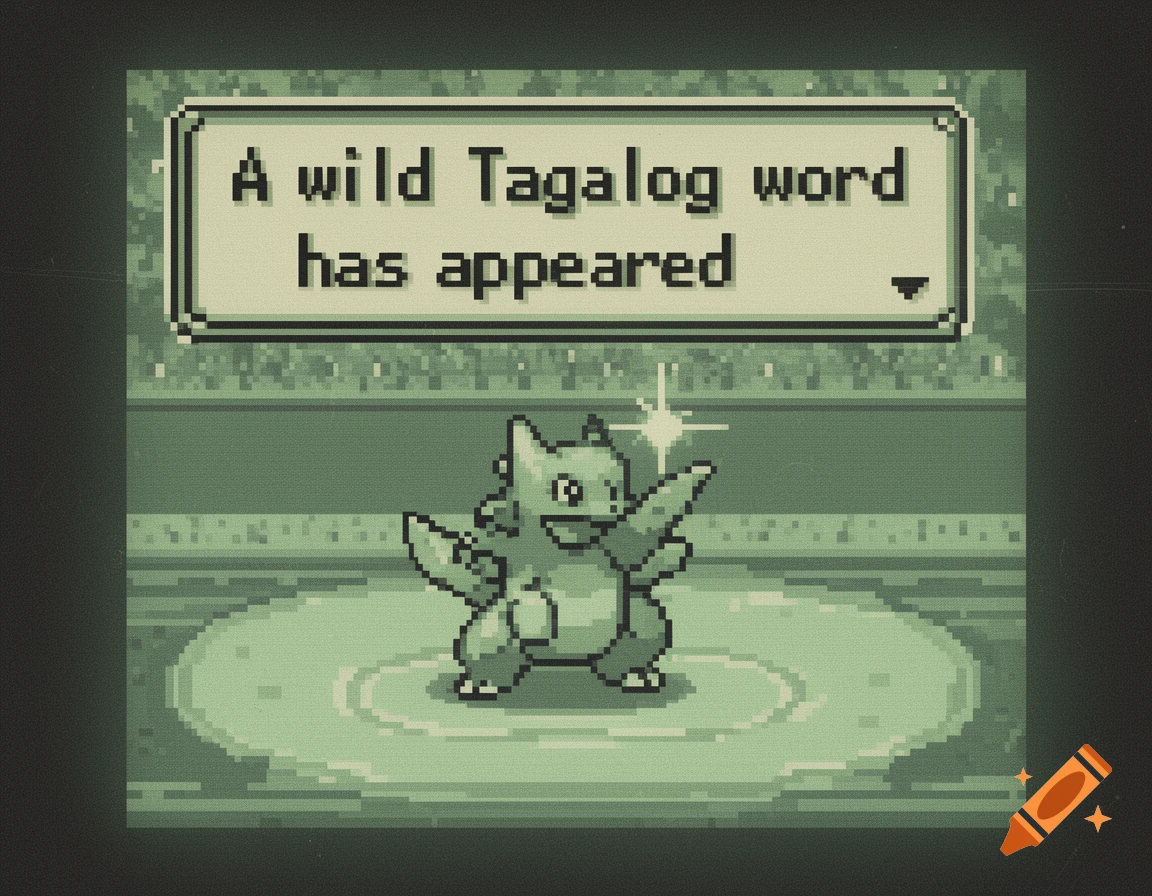A pixel art creature resembling a Pokémon stands on a battle arena with a text box above reading 'A wild Tagalog word has appeared', in a retro Game Boy style.