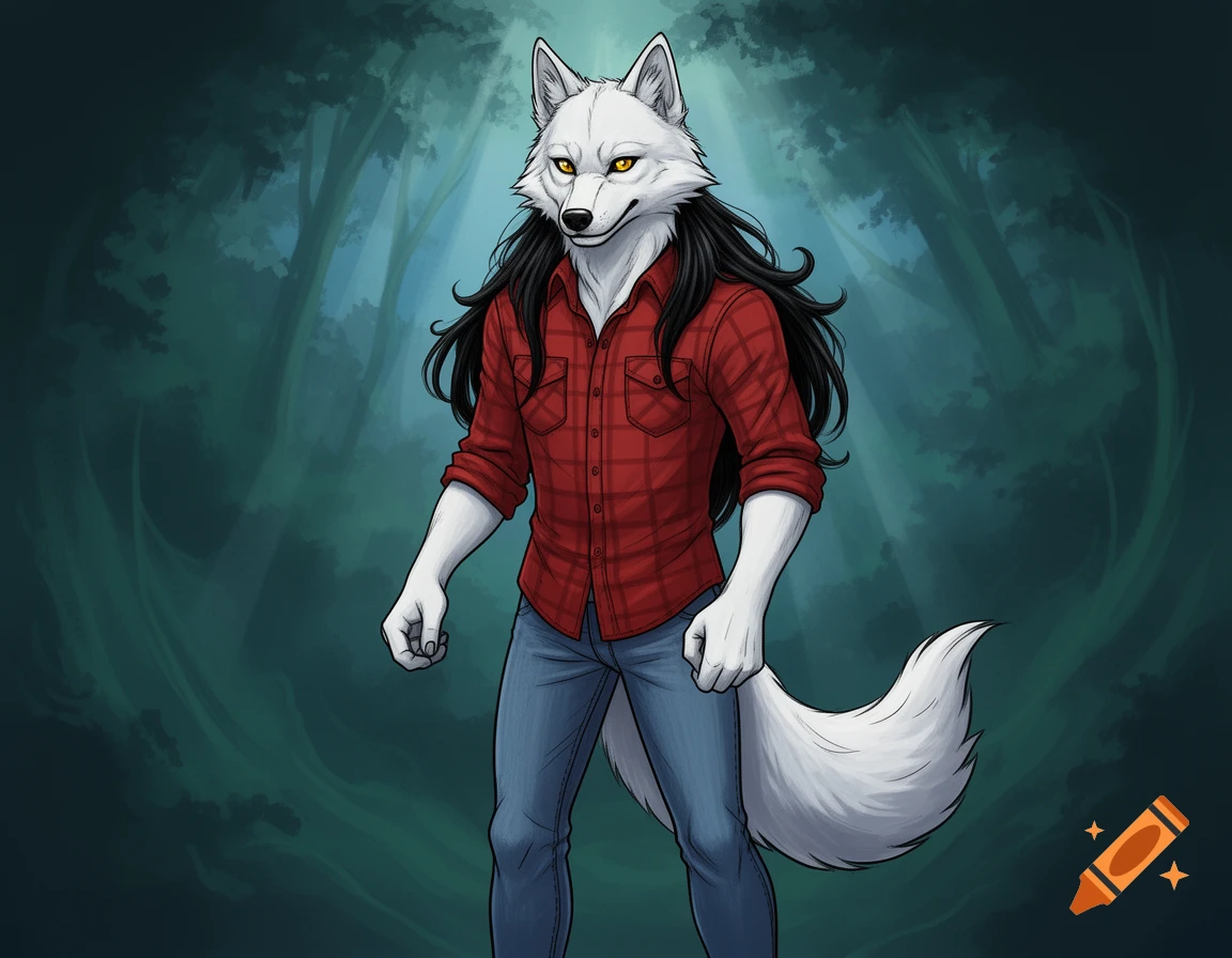 A white anthropomorphic wolf with long black hair and yellow eyes, wearing a red flannel shirt and blue jeans, stands in a forest.