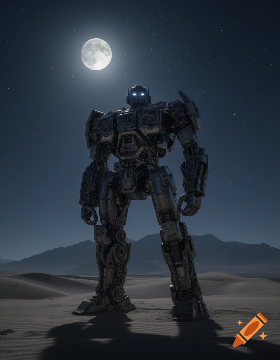 A towering, detailed robot with glowing blue eyes stands in a vast, dark desert under a bright full moon and starry sky.