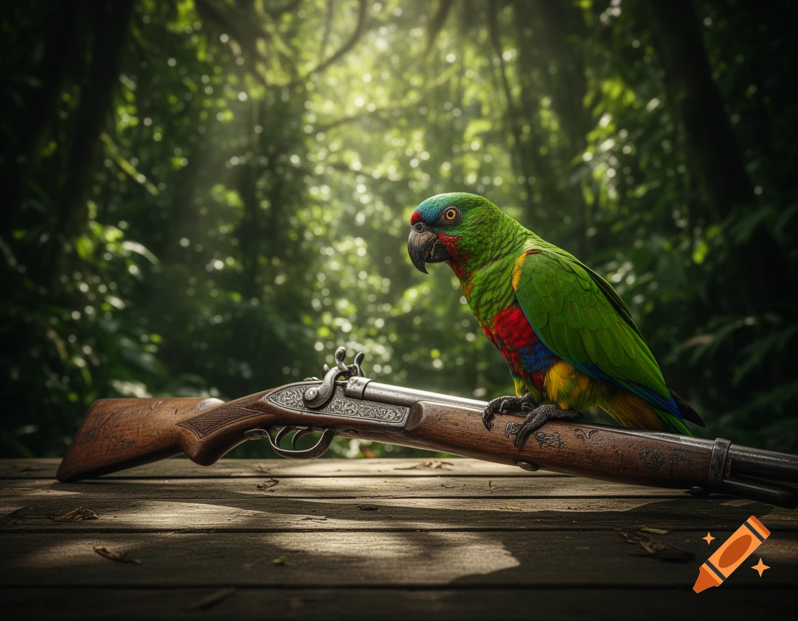 A vibrant green parrot with red and blue markings sits perched on an antique rifle on a wooden surface in a sunlit jungle.