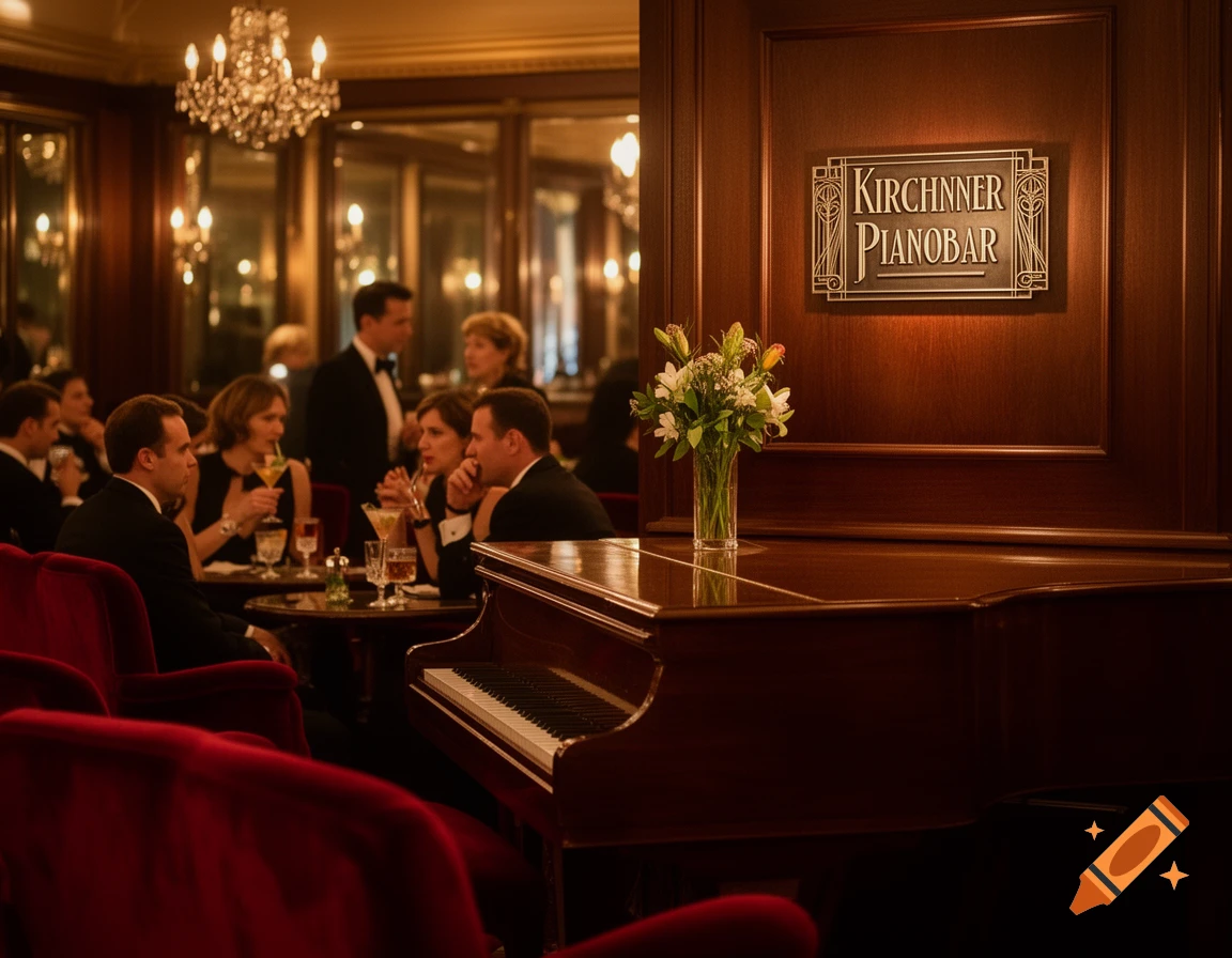 An elegant piano bar with patrons dressed in formal attire, featuring a grand piano and a sign on a wooden wall.