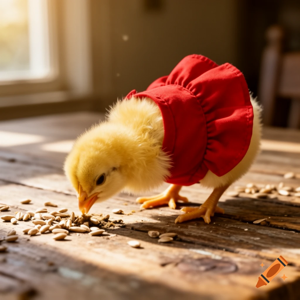 A fluffy yellow chick in a red dress pecking at seeds on a rustic wooden table, bathed in warm sunlight.