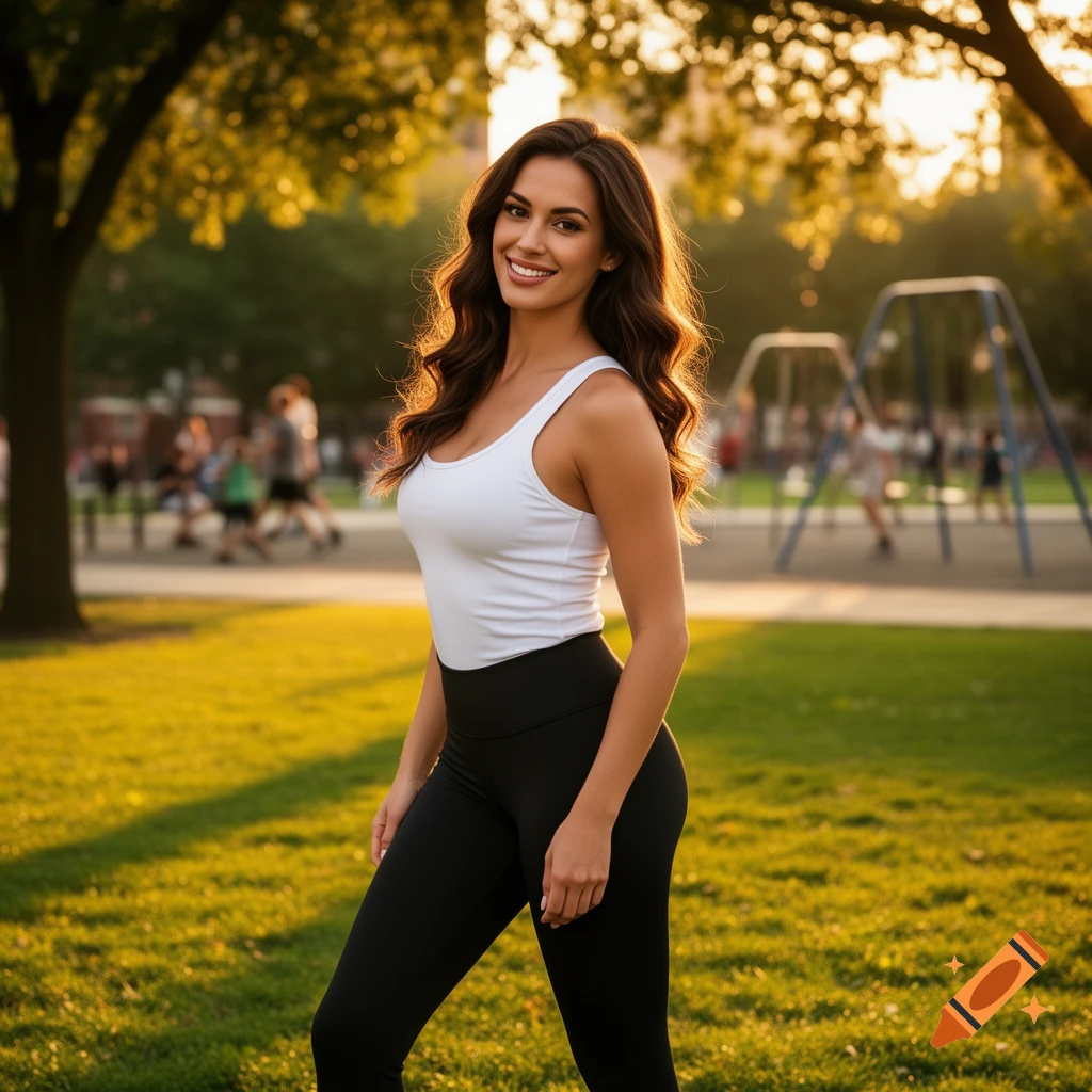 A photorealistic image of a smiling brunette woman in a white tank top and black yoga pants, standing in a sunny park at sunset.