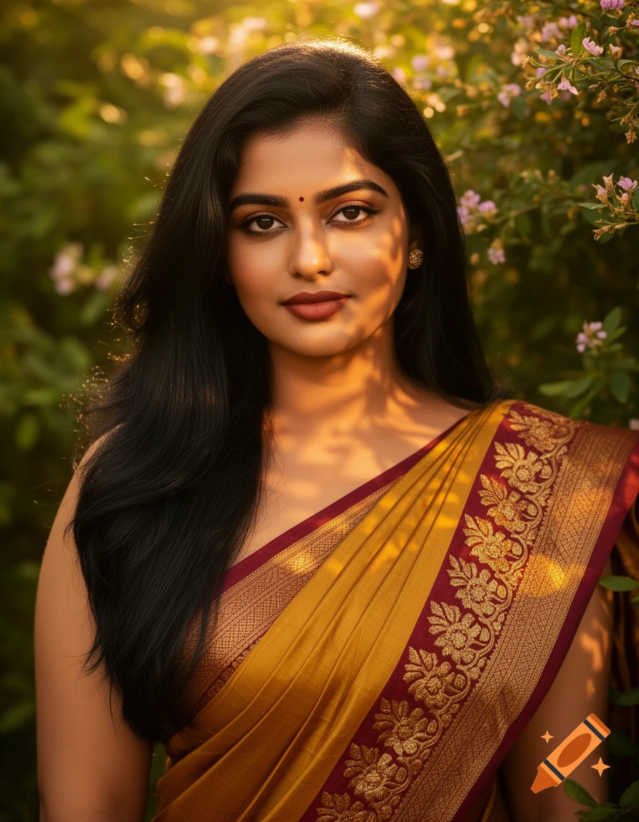 A beautiful South Indian woman with long dark hair, wearing a golden and maroon sari, stands smiling in a garden with soft sunlight.