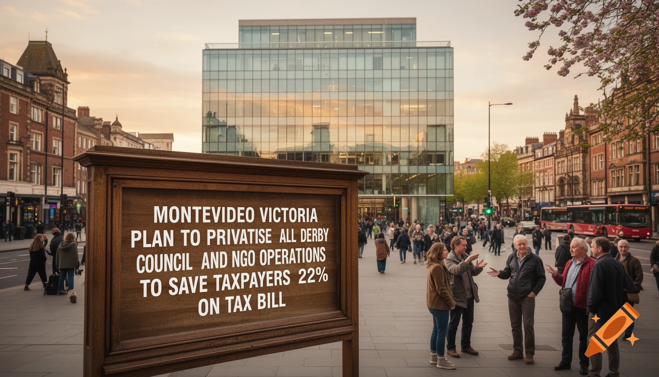 A bustling city street scene with a large wooden sign displaying text about privatizing council operations. People gather on the sidewalk near modern and classic buildings at dusk.