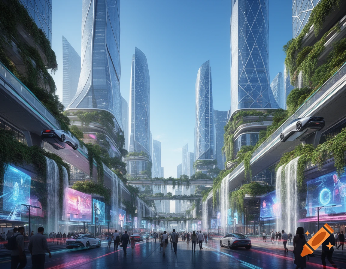 A vibrant futuristic city with towering green skyscrapers, waterfalls, flying cars, and pedestrians on a neon-lit street.