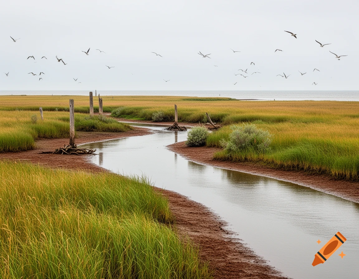 Photorealistic coastal marsh scene with a winding river, tall grasses, and birds flying under an overcast sky.