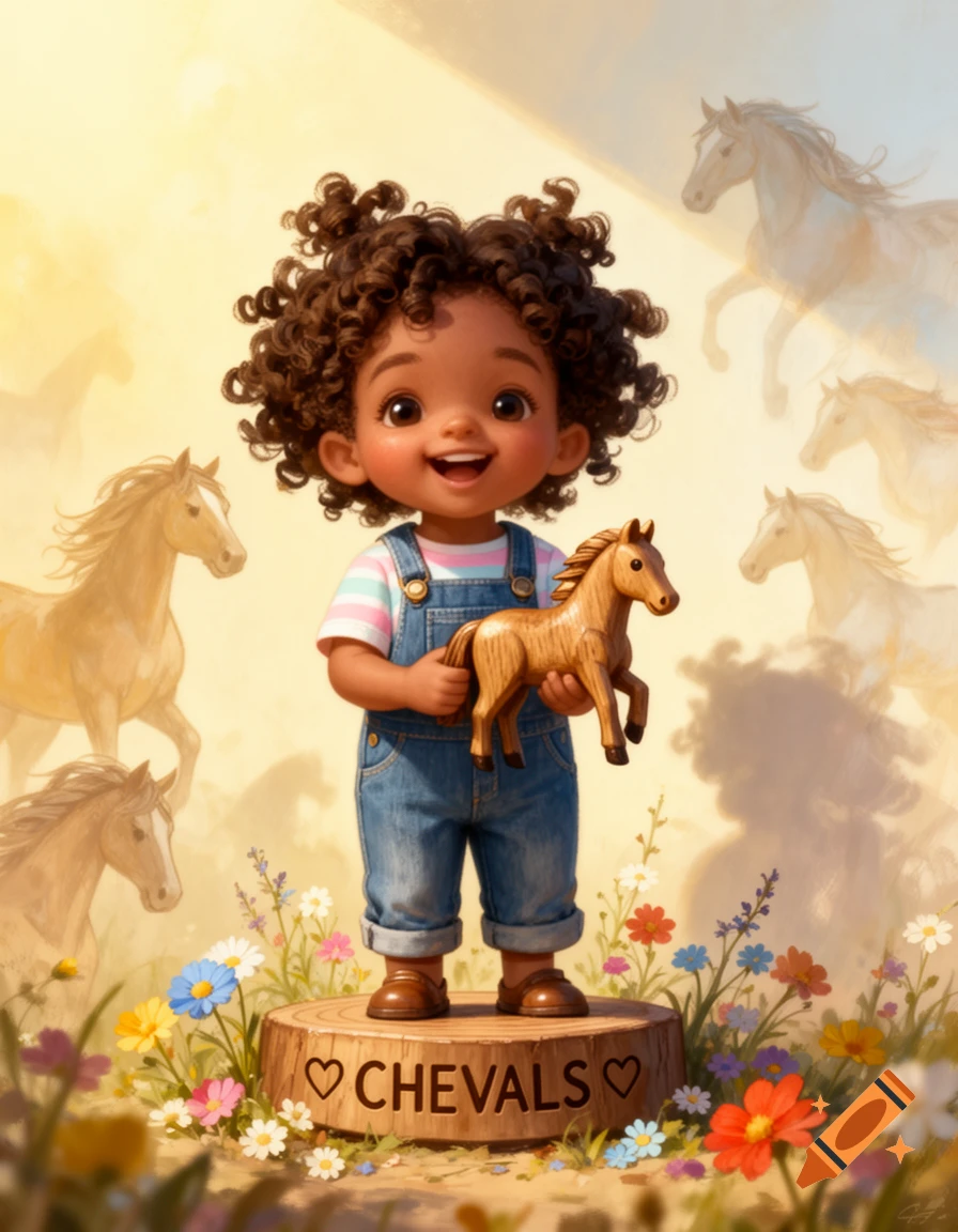 A cute, curly-haired child in overalls stands on a log holding a wooden horse toy, surrounded by flowers and faint horses.