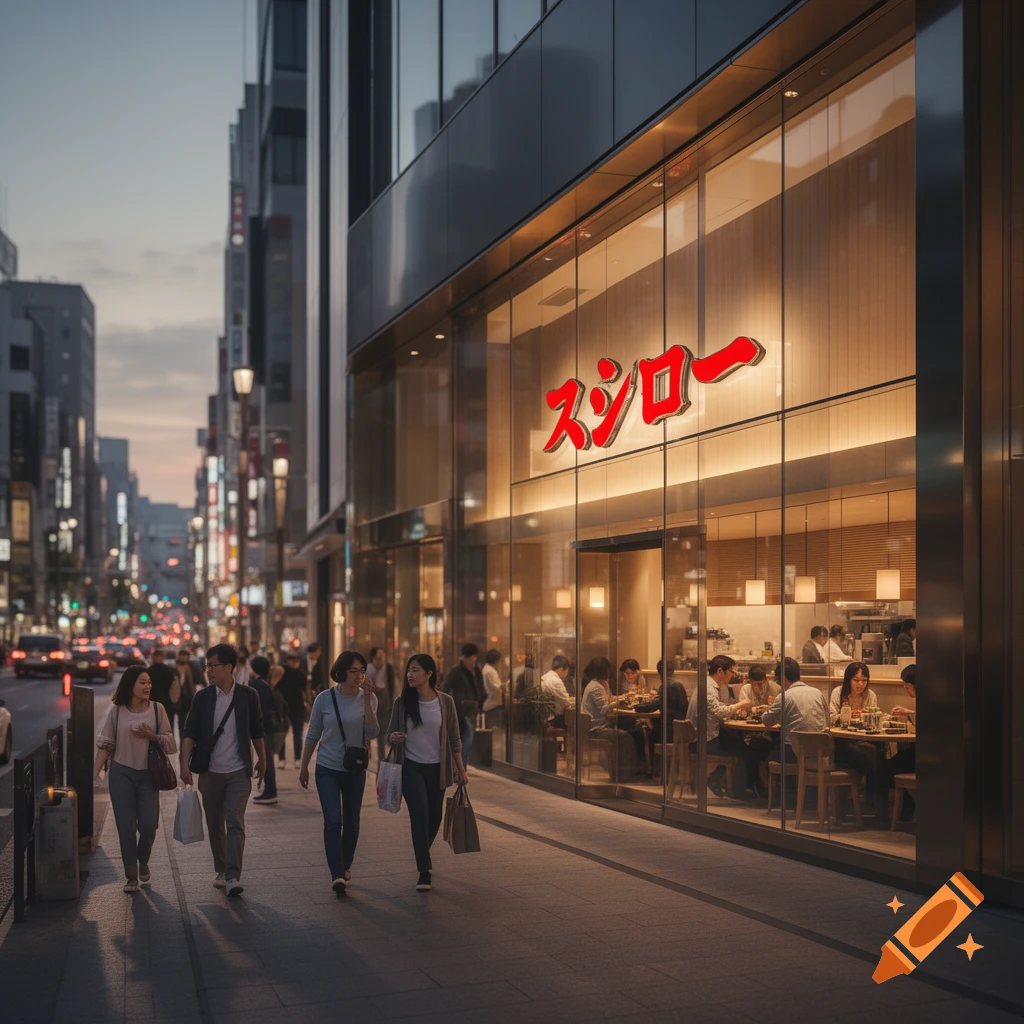 Photorealistic image of people walking past a bright red Sushiro restaurant sign on a city street at dusk.